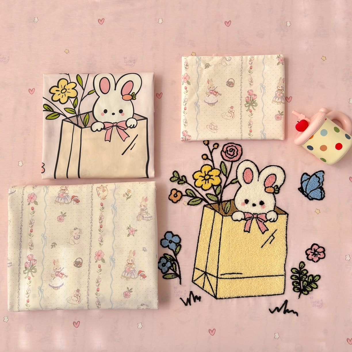 91家纺网 家纺一手货源 找家纺 乐童家纺 2026新款13370纯棉毛巾绣呆萌系列四件套第一波 小兔花园