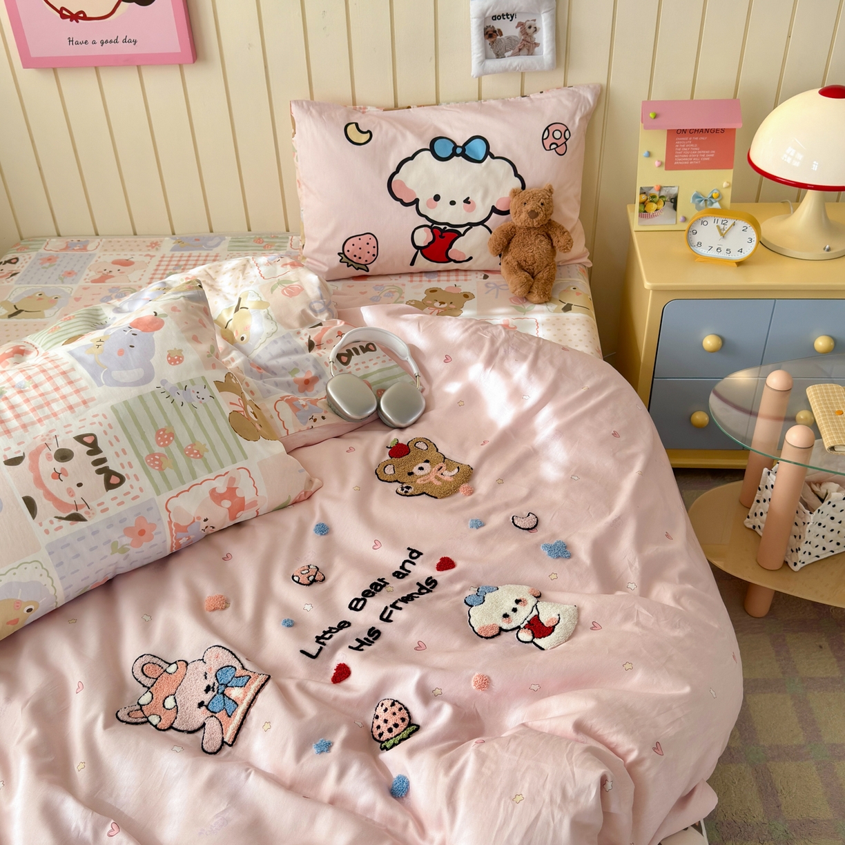 91家纺网 家纺一手货源 找家纺 （总）乐童家纺 2026新款13370纯棉毛巾绣呆萌系列四件套第一波