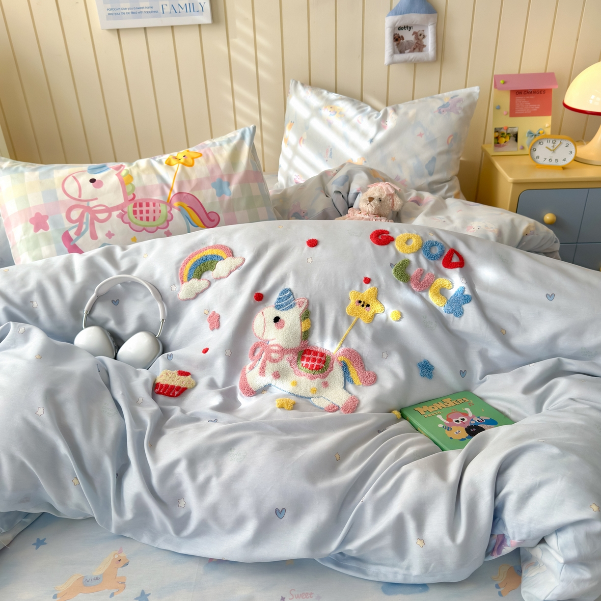 91家纺网 家纺一手货源 找家纺 乐童家纺 2026新款13370纯棉毛巾绣呆萌系列四件套第一波 马上有钱 -蓝