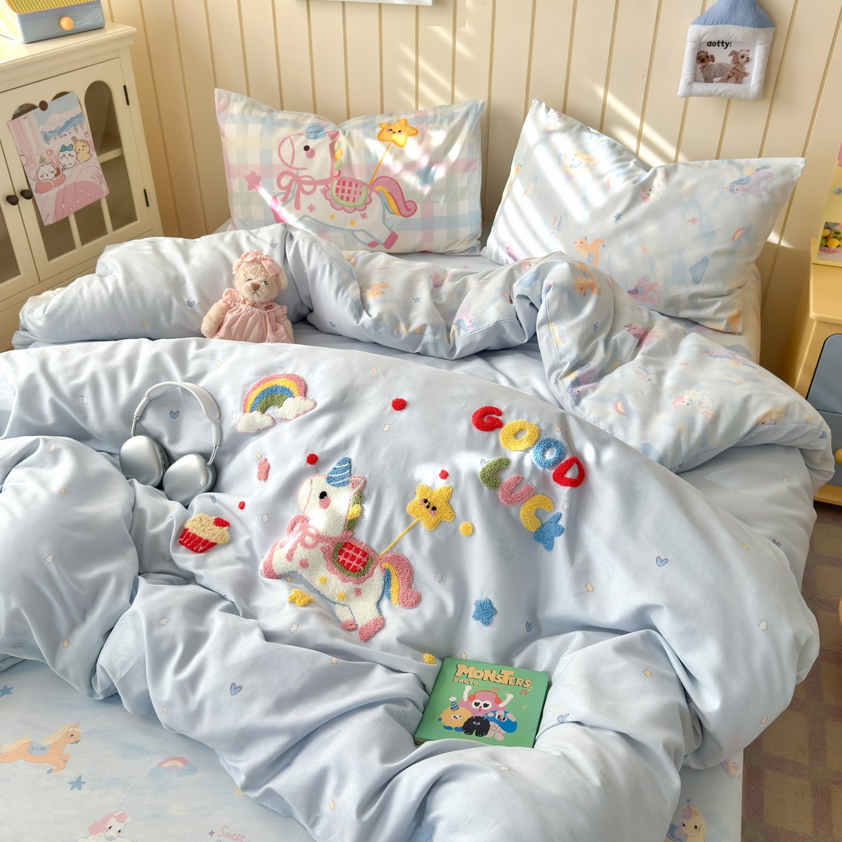 91家纺网 家纺一手货源 找家纺 乐童家纺 2026新款13370纯棉毛巾绣呆萌系列四件套第一波 马上有钱 -蓝