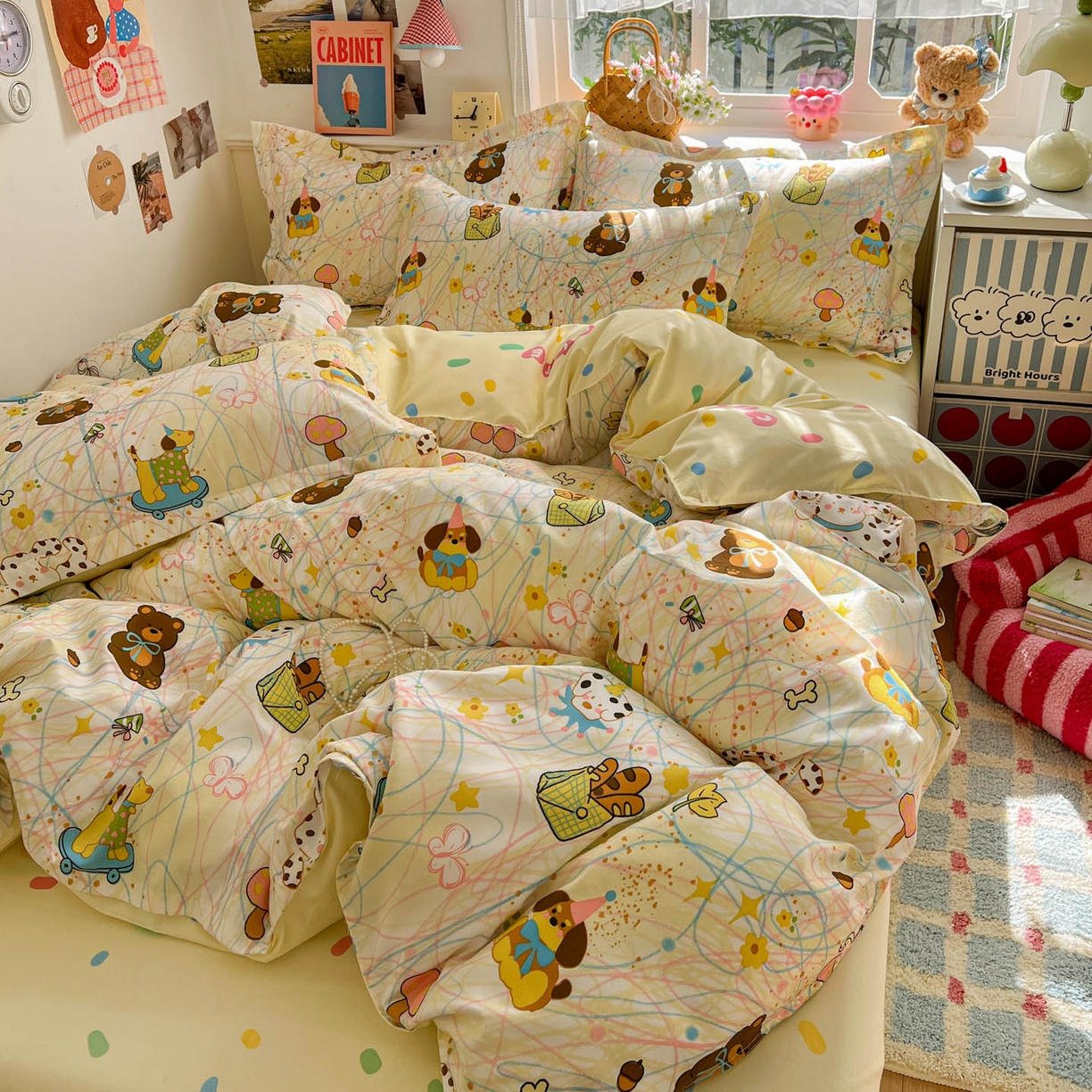 91家纺网 家纺一手货源 找家纺 花伞家居 2026直播网销斜纹加厚磨毛印花植物羊绒四件套（更多花型见二链接）凌乱小狗