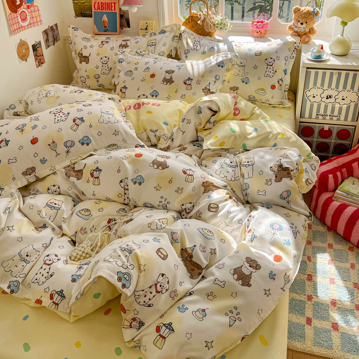 91家纺网 家纺一手货源 找家纺 花伞家居 2026直播网销斜纹加厚磨毛印花植物羊绒四件套（更多花型见二链接）晕头小狗