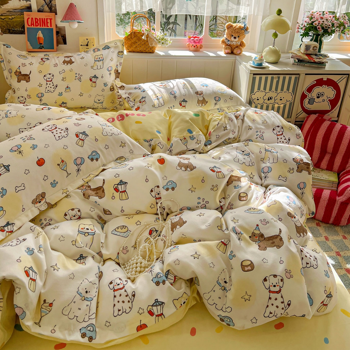 91家纺网 家纺一手货源 找家纺 花伞家居 2026直播网销斜纹加厚磨毛印花植物羊绒四件套（更多花型见二链接）晕头小狗