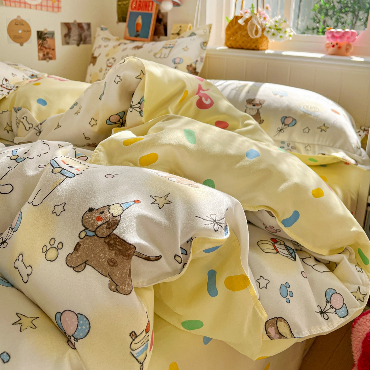 91家纺网 家纺一手货源 找家纺 花伞家居 2026直播网销斜纹加厚磨毛印花植物羊绒四件套（更多花型见二链接）晕头小狗