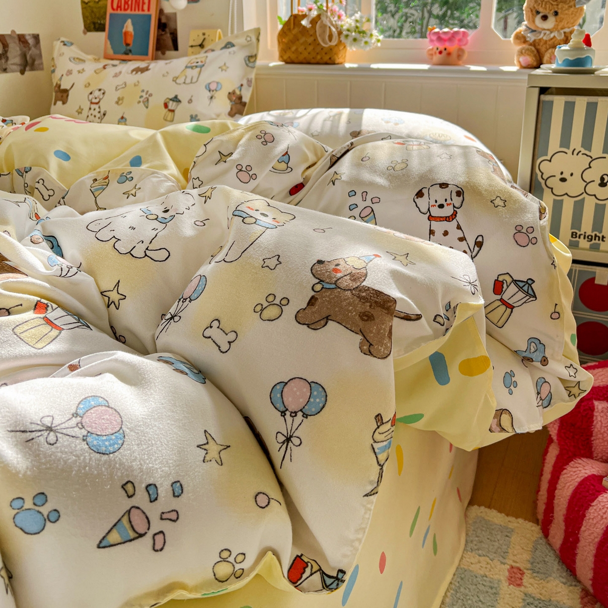 91家纺网 家纺一手货源 找家纺 花伞家居 2026直播网销斜纹加厚磨毛印花植物羊绒四件套（更多花型见二链接）晕头小狗