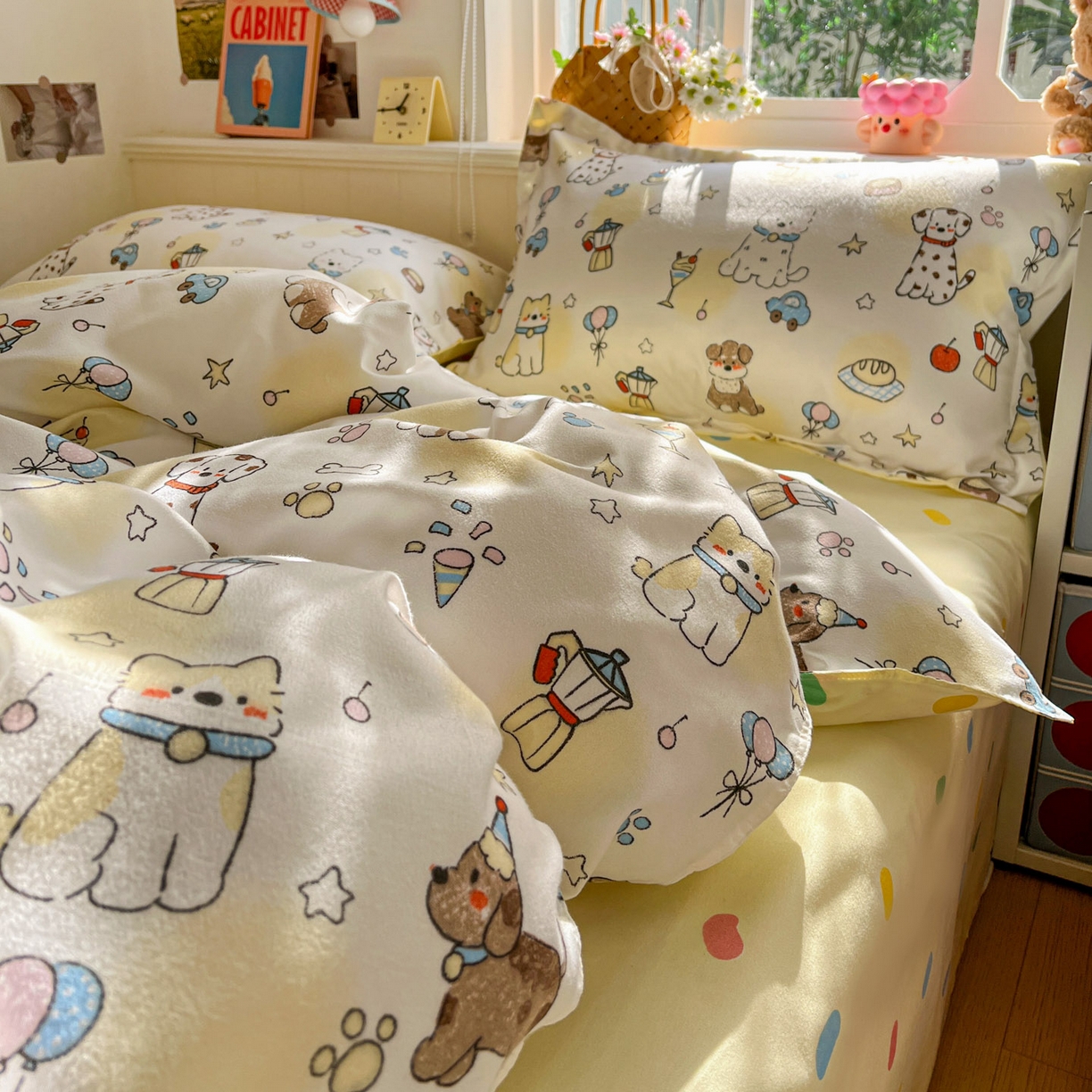 91家纺网 家纺一手货源 找家纺 花伞家居 2026直播网销斜纹加厚磨毛印花植物羊绒四件套（更多花型见二链接）晕头小狗