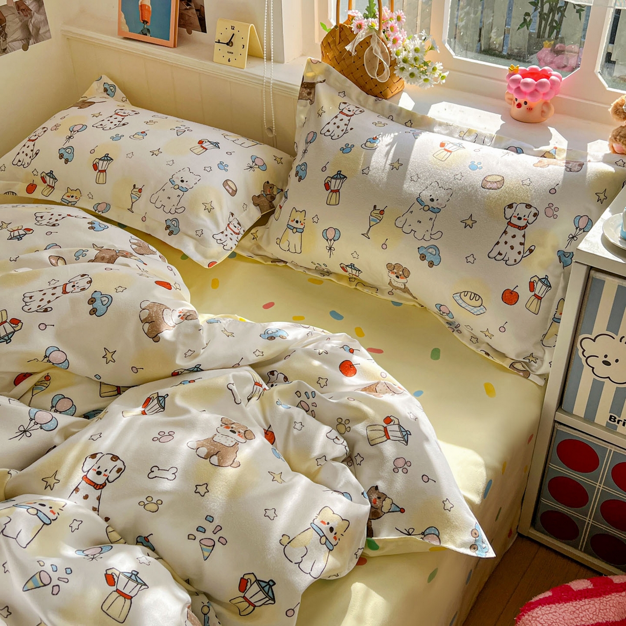 91家纺网 家纺一手货源 找家纺 花伞家居 2026直播网销斜纹加厚磨毛印花植物羊绒四件套（更多花型见二链接）晕头小狗