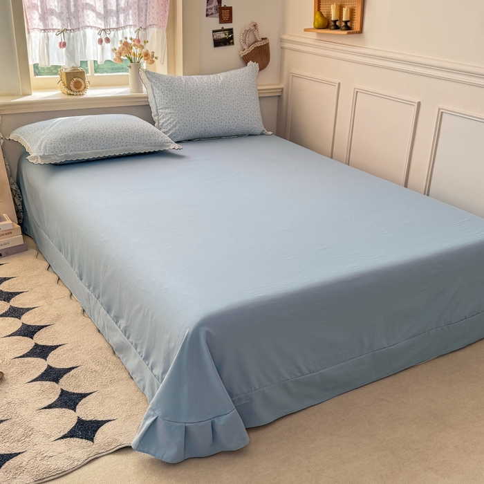 91家纺网 家纺一手货源 找家纺 梦纤绒 2026新款A类仿棉古法水洗棉法式全棉花边四件套 小幸运-蓝