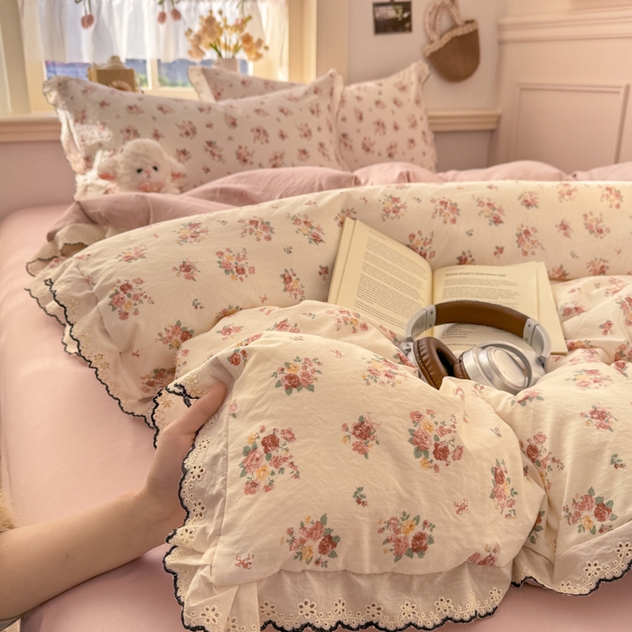 梦纤绒 2026新款A类仿棉古法水洗棉法式全棉花边四件套 粉雾蔷薇