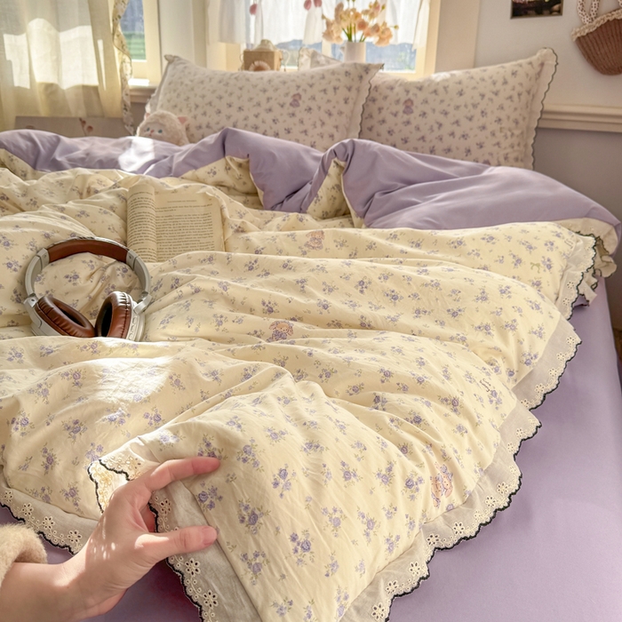 91家纺网 家纺一手货源 找家纺 梦纤绒 2026新款A类仿棉古法水洗棉法式全棉花边四件套 花田兔