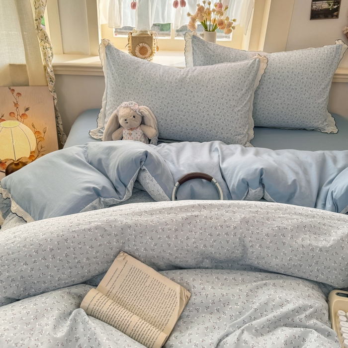 91家纺网 家纺一手货源 找家纺 梦纤绒 2026新款A类仿棉古法水洗棉法式全棉花边四件套 小幸运-蓝