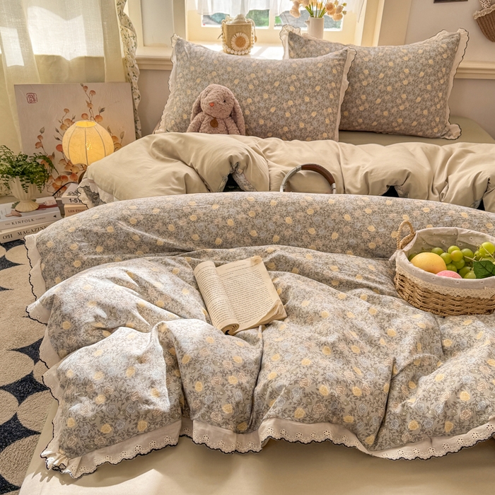 91家纺网 家纺一手货源 找家纺 梦纤绒 2026新款A类仿棉古法水洗棉法式全棉花边四件套 森屿