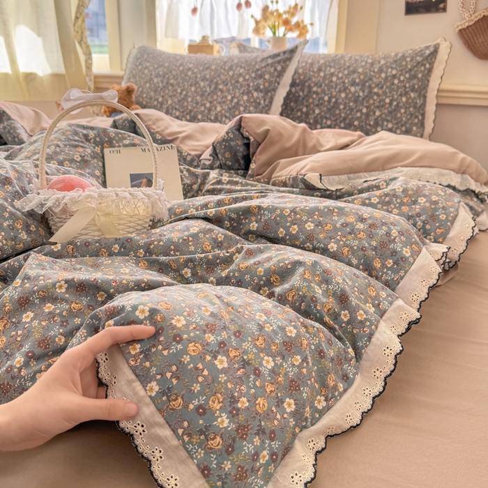 91家纺网 家纺一手货源 找家纺 梦纤绒 2026新款A类仿棉古法水洗棉法式全棉花边四件套 絮语