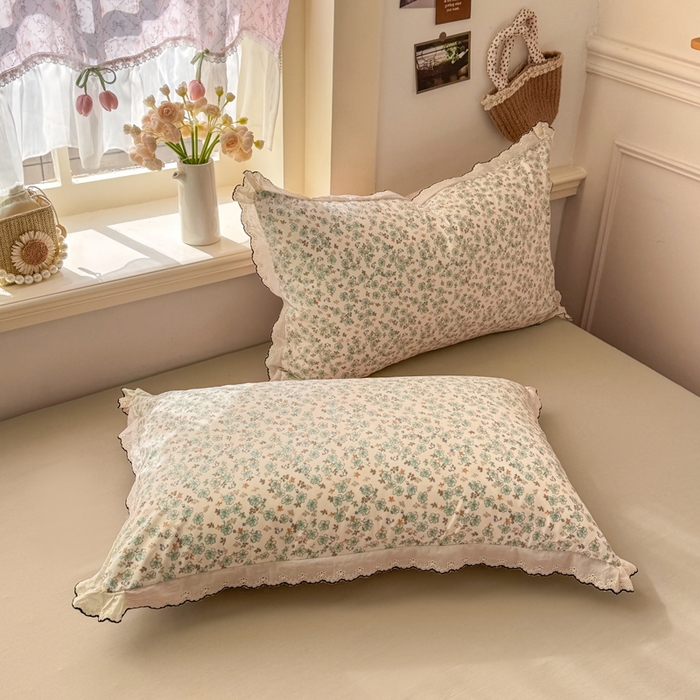 91家纺网 家纺一手货源 找家纺 梦纤绒 2026新款A类仿棉古法水洗棉法式全棉花边四件套 春野