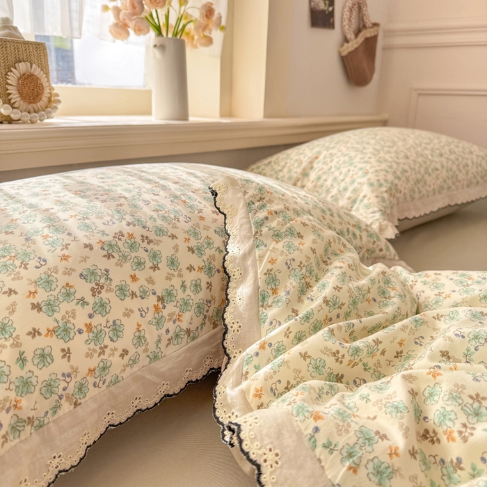 91家纺网 家纺一手货源 找家纺 梦纤绒 2026新款A类仿棉古法水洗棉法式全棉花边四件套 春野