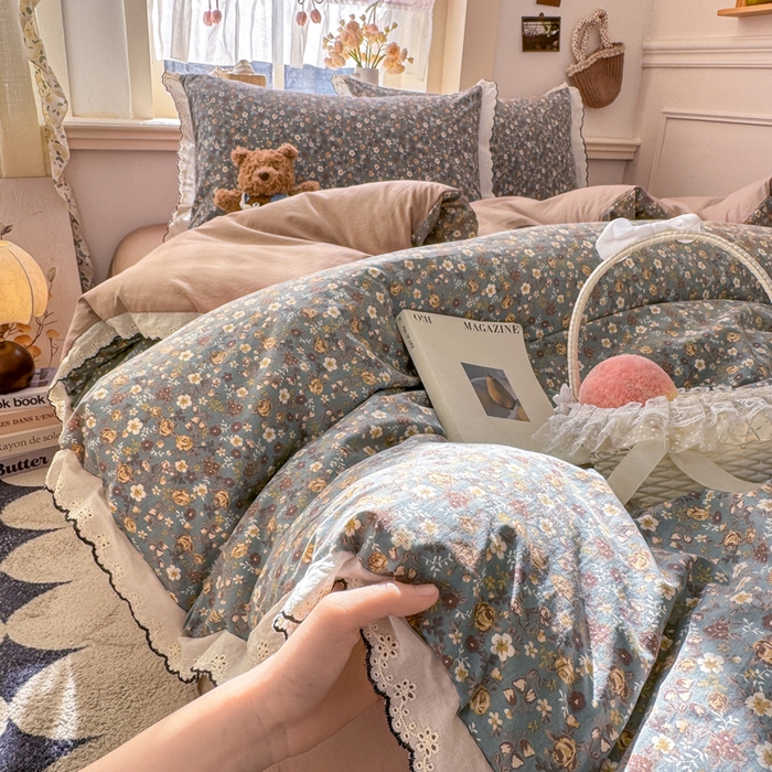 91家纺网 家纺一手货源 找家纺 梦纤绒 2026新款A类仿棉古法水洗棉法式全棉花边四件套 絮语