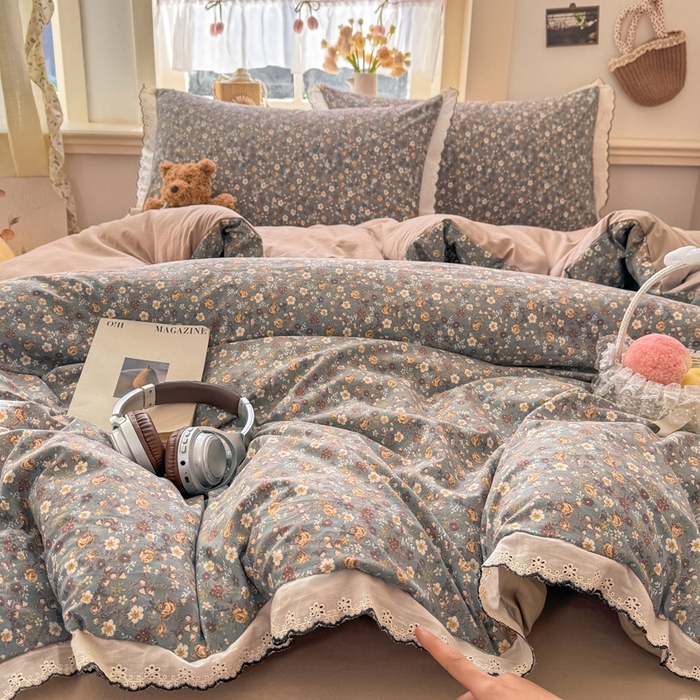 91家纺网 家纺一手货源 找家纺 梦纤绒 2026新款A类仿棉古法水洗棉法式全棉花边四件套 絮语