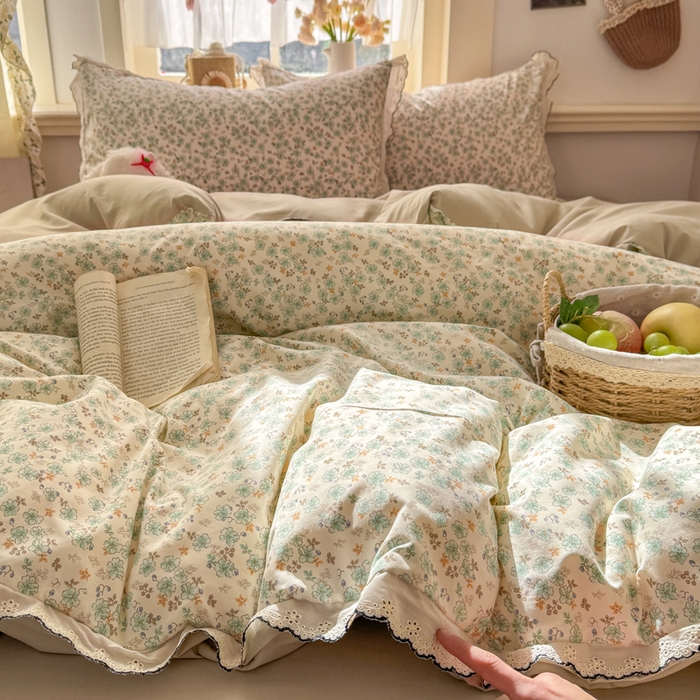 91家纺网 家纺一手货源 找家纺 梦纤绒 2026新款A类仿棉古法水洗棉法式全棉花边四件套 春野