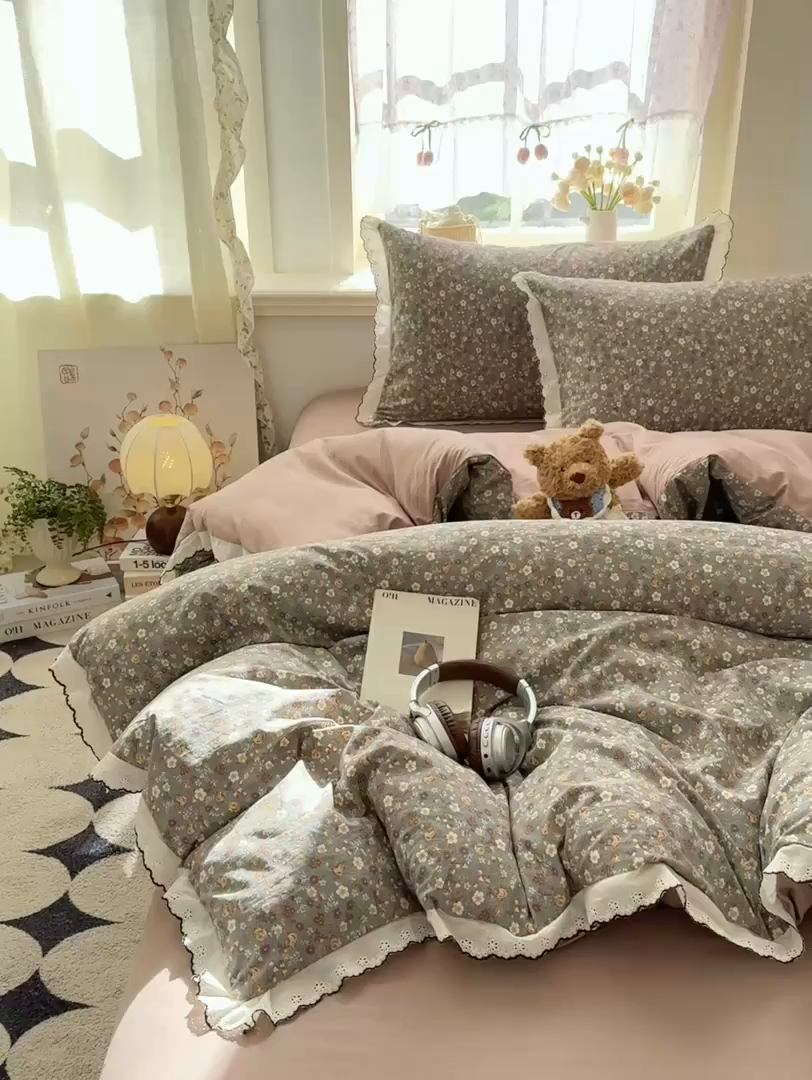 91家纺网 家纺一手货源 找家纺 梦纤绒 2026新款A类仿棉古法水洗棉法式全棉花边四件套 絮语