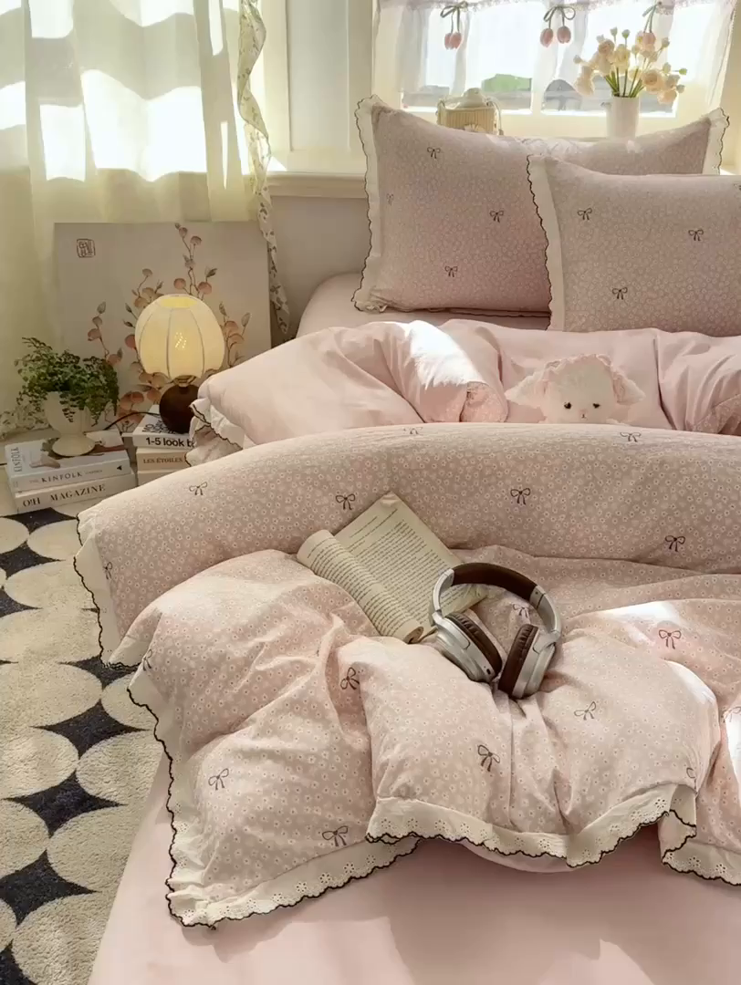 91家纺网 家纺一手货源 找家纺 梦纤绒 2026新款A类仿棉古法水洗棉法式全棉花边四件套 梦华录