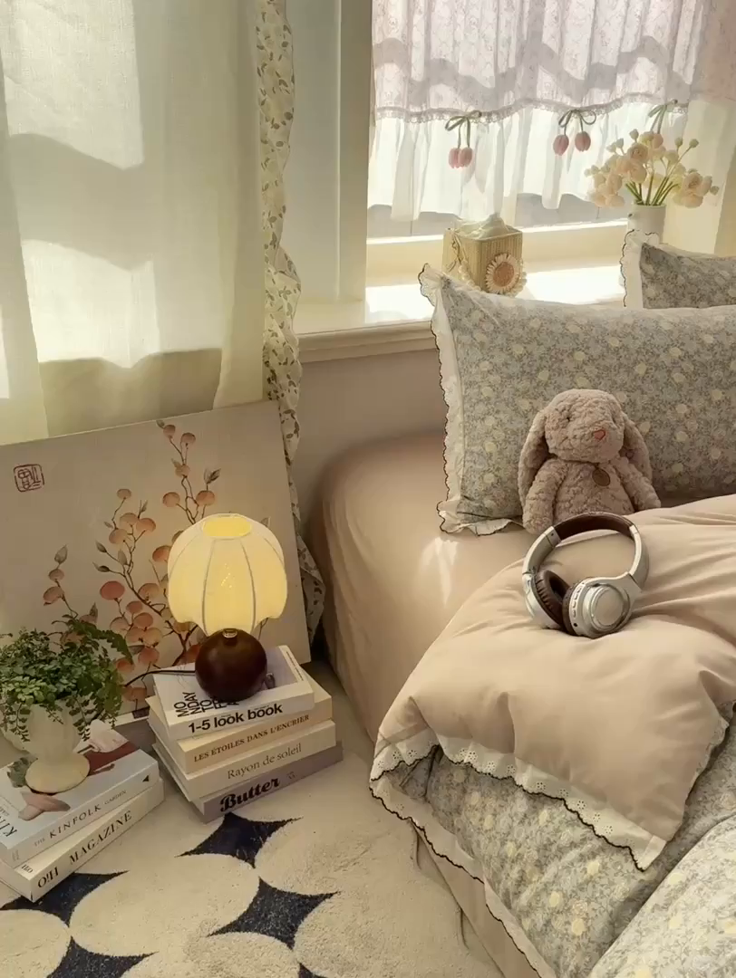 91家纺网 家纺一手货源 找家纺 梦纤绒 2026新款A类仿棉古法水洗棉法式全棉花边四件套 森屿