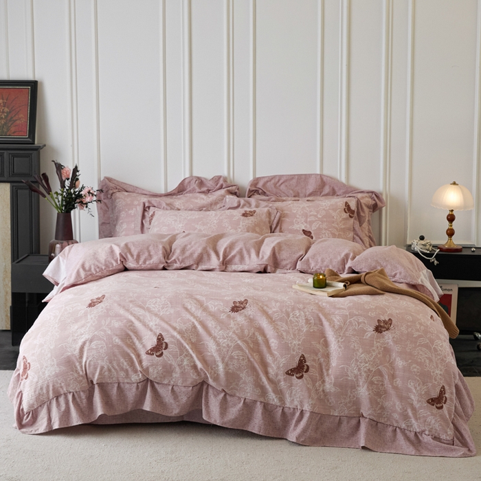 91家纺网 家纺一手货源 找家纺 梦纤绒 2026新款高克重法式复古亚麻花边款四件套 花梦