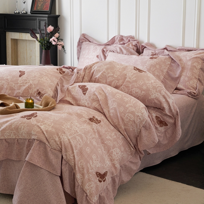 91家纺网 家纺一手货源 找家纺 梦纤绒 2026新款高克重法式复古亚麻花边款四件套 花梦