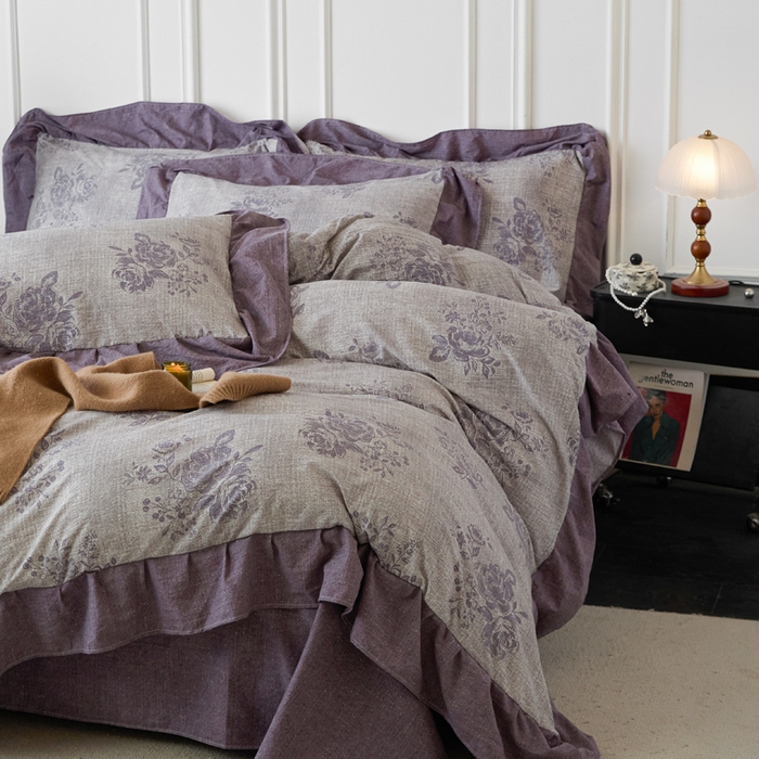 梦纤绒 2026新款高克重法式复古亚麻花边款四件套 时光紫