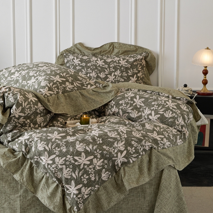 91家纺网 家纺一手货源 找家纺 梦纤绒 2026新款高克重法式复古亚麻花边款四件套 森屿