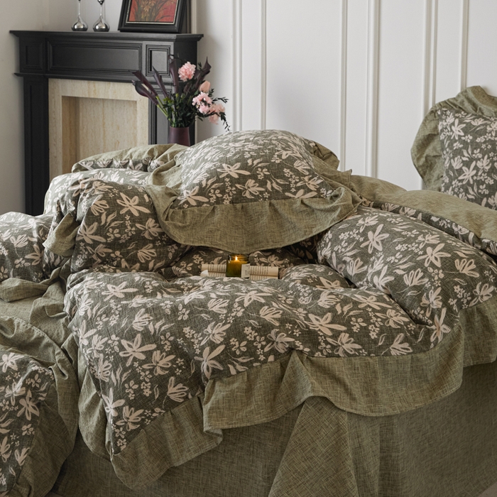 91家纺网 家纺一手货源 找家纺 梦纤绒 2026新款高克重法式复古亚麻花边款四件套 森屿