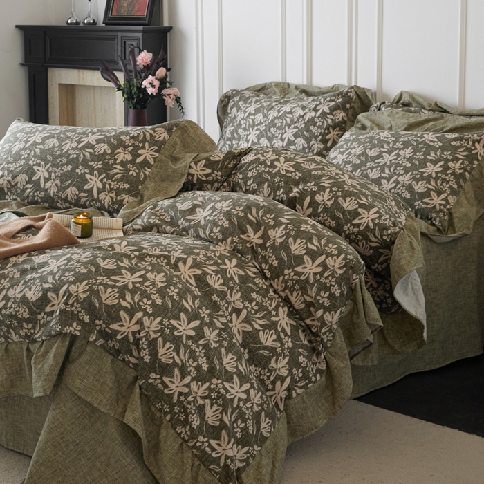 91家纺网 家纺一手货源 找家纺 梦纤绒 2026新款高克重法式复古亚麻花边款四件套 森屿