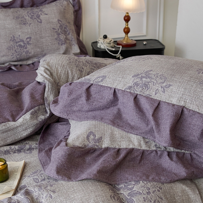 91家纺网 家纺一手货源 找家纺 梦纤绒 2026新款高克重法式复古亚麻花边款四件套 时光紫