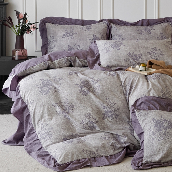 91家纺网 家纺一手货源 找家纺 梦纤绒 2026新款高克重法式复古亚麻花边款四件套 时光紫