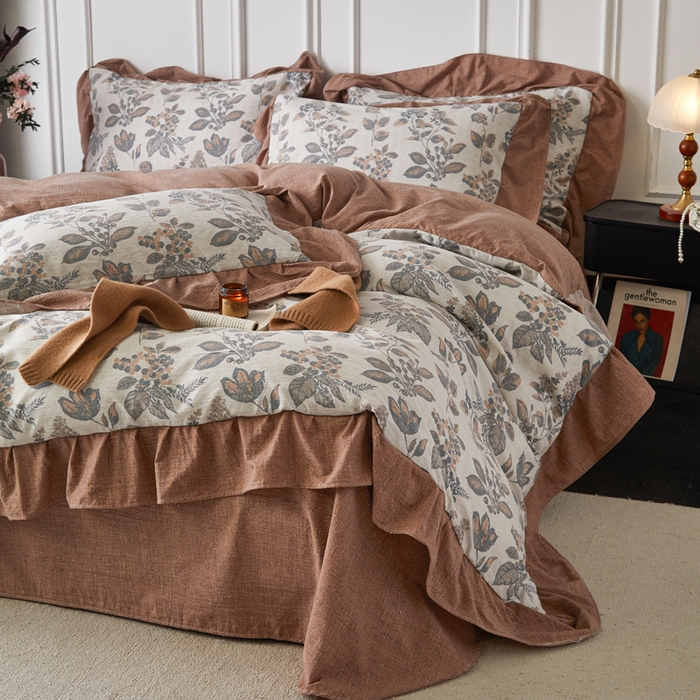 91家纺网 家纺一手货源 找家纺 梦纤绒 2026新款高克重法式复古亚麻花边款四件套 雾影