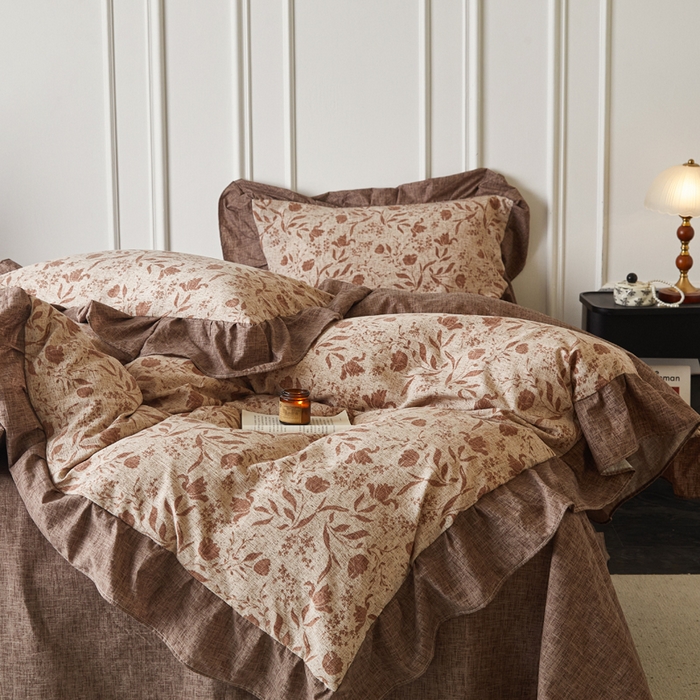 91家纺网 家纺一手货源 找家纺 梦纤绒 2026新款高克重法式复古亚麻花边款四件套 晚风