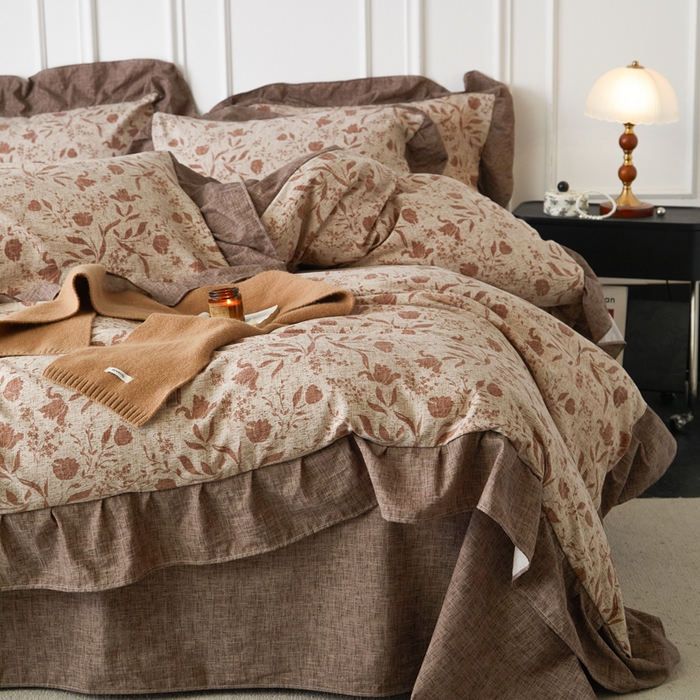 91家纺网 家纺一手货源 找家纺 梦纤绒 2026新款高克重法式复古亚麻花边款四件套 晚风