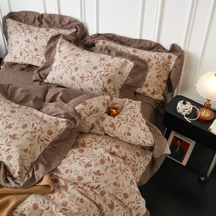 91家纺网 家纺一手货源 找家纺 梦纤绒 2026新款高克重法式复古亚麻花边款四件套 晚风