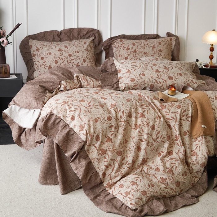 91家纺网 家纺一手货源 找家纺 梦纤绒 2026新款高克重法式复古亚麻花边款四件套 晚风