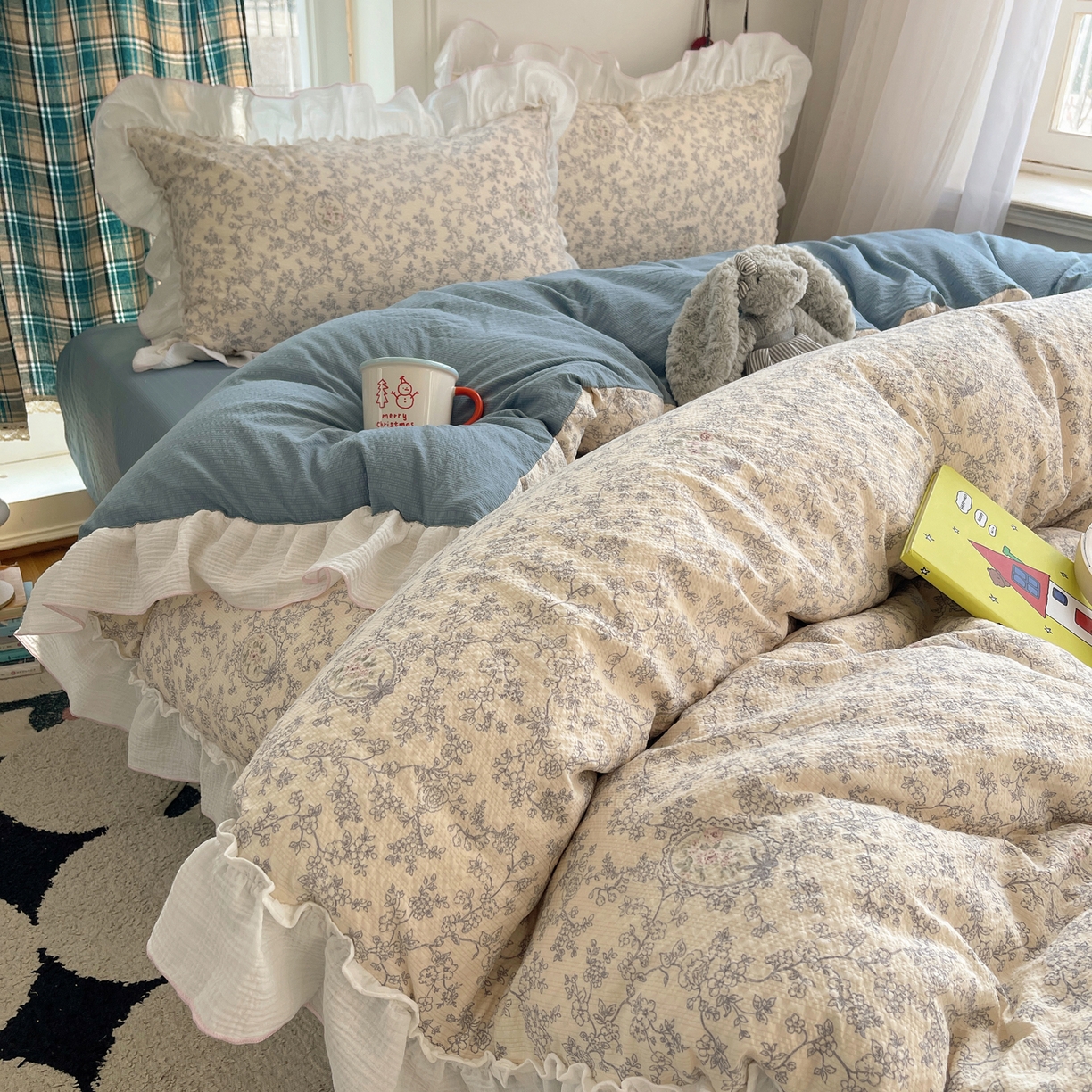 91家纺网 家纺一手货源 找家纺 （总）繁花家居 2026新款韩系花边小碎花泡芙棉云感邹邹纱费尔岛风四件套