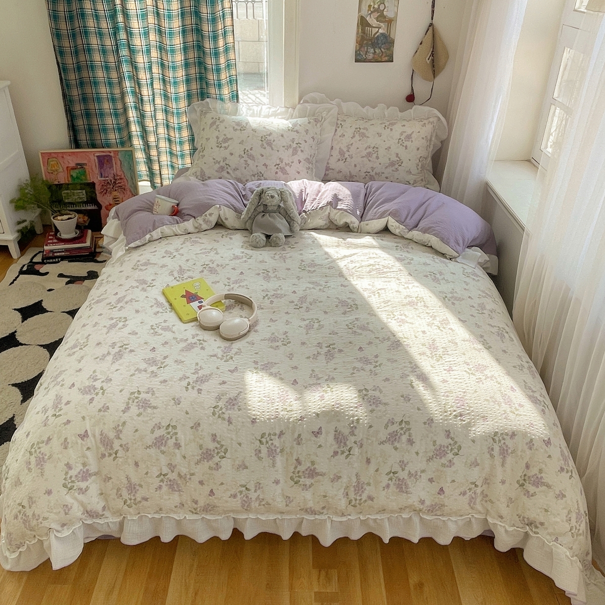 91家纺网 家纺一手货源 找家纺 繁花家居 2026新款韩系花边小碎花泡芙棉云感邹邹纱费尔岛风四件套 紫藤蝶舞