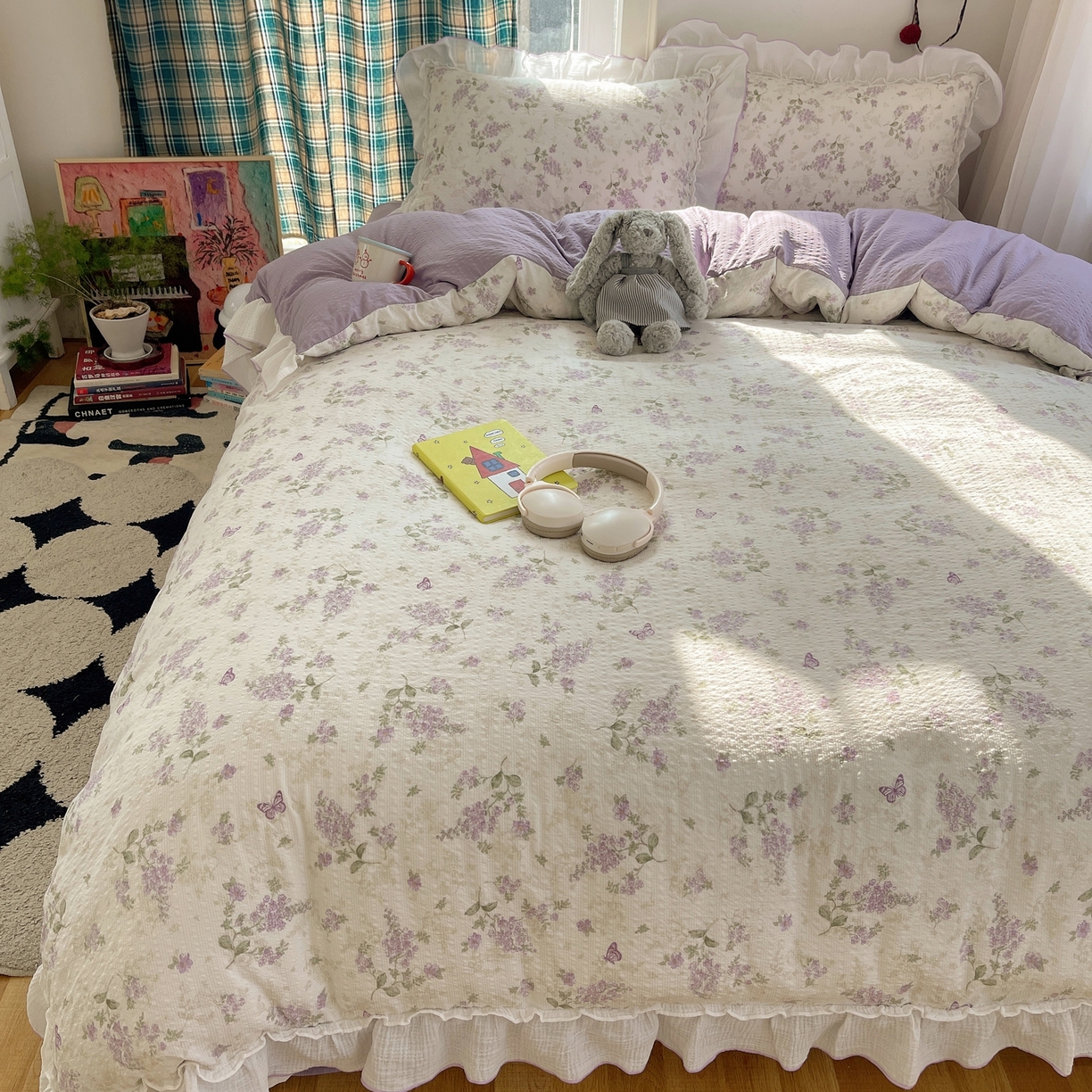 91家纺网 家纺一手货源 找家纺 繁花家居 2026新款韩系花边小碎花泡芙棉云感邹邹纱费尔岛风四件套 紫藤蝶舞