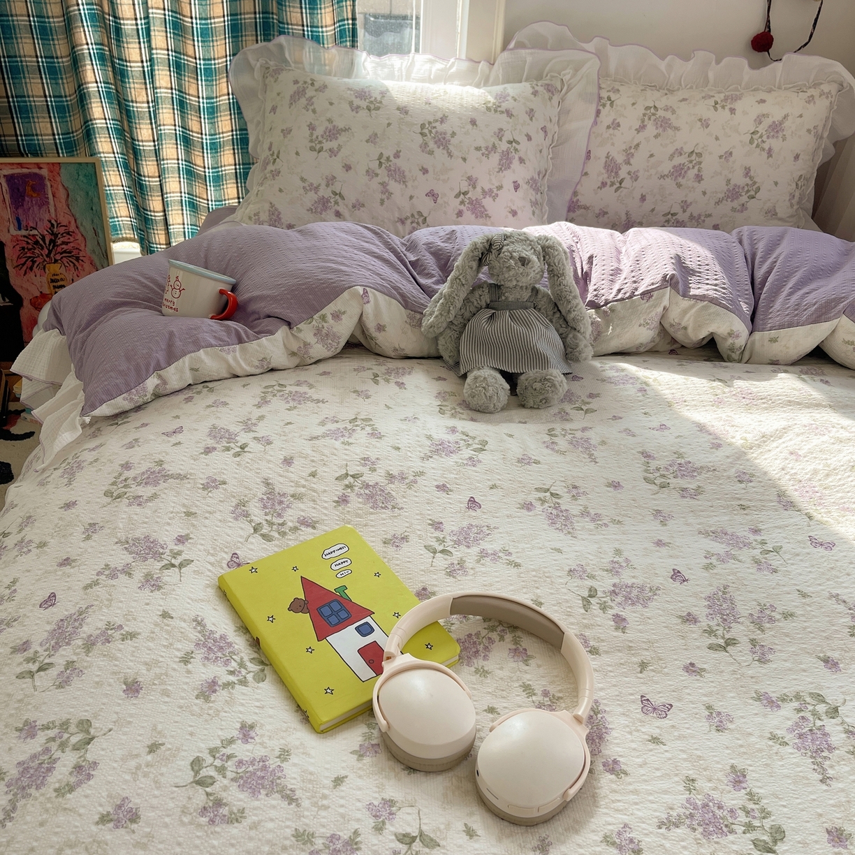 91家纺网 家纺一手货源 找家纺 繁花家居 2026新款韩系花边小碎花泡芙棉云感邹邹纱费尔岛风四件套 紫藤蝶舞