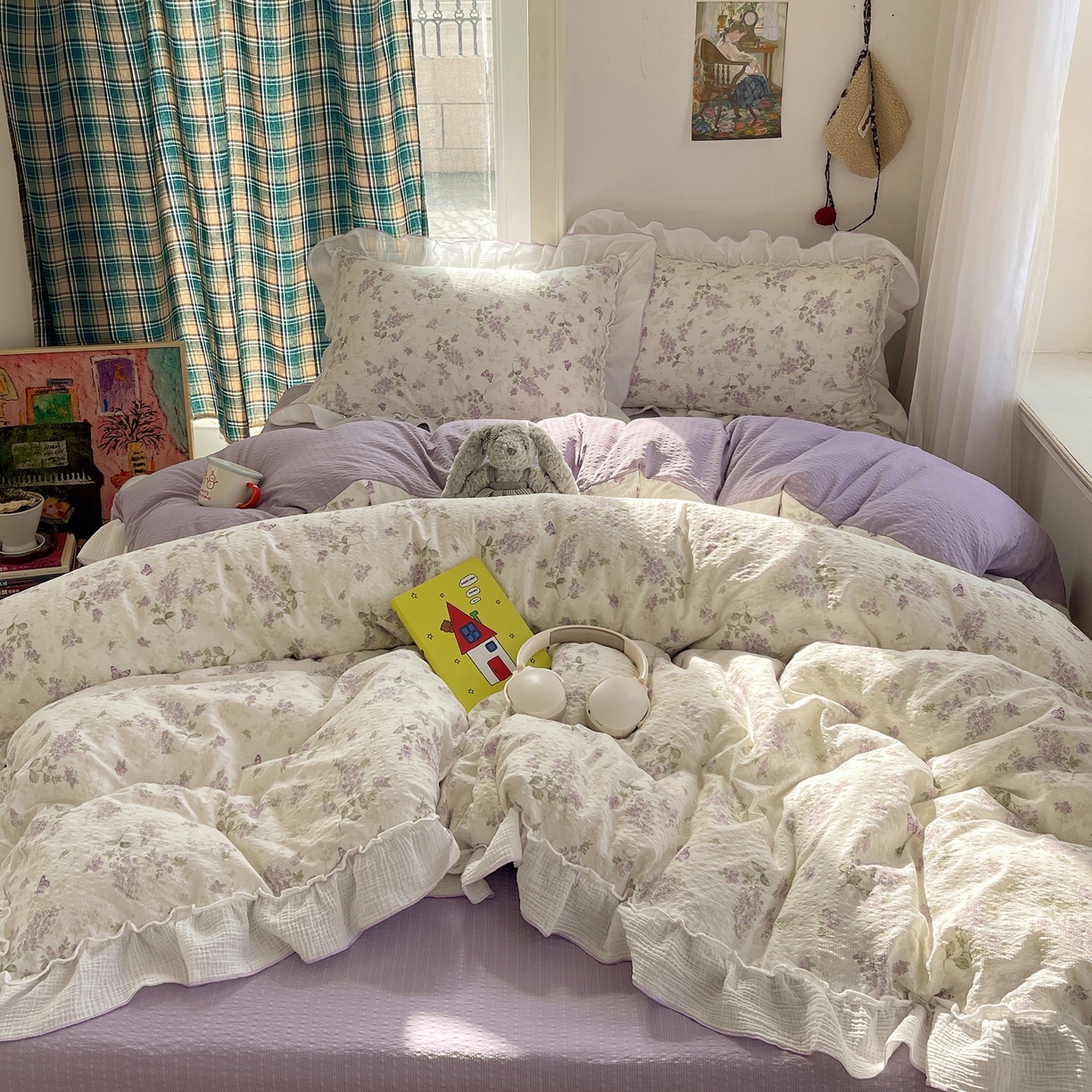 91家纺网 家纺一手货源 找家纺 繁花家居 2026新款韩系花边小碎花泡芙棉云感邹邹纱费尔岛风四件套 紫藤蝶舞