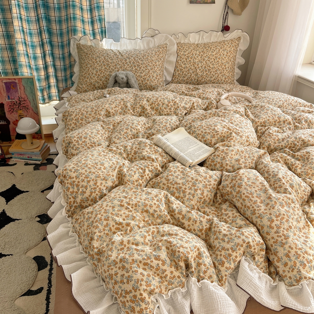 91家纺网 家纺一手货源 找家纺 （总）繁花家居 2026新款韩系花边小碎花泡芙棉云感邹邹纱费尔岛风四件套