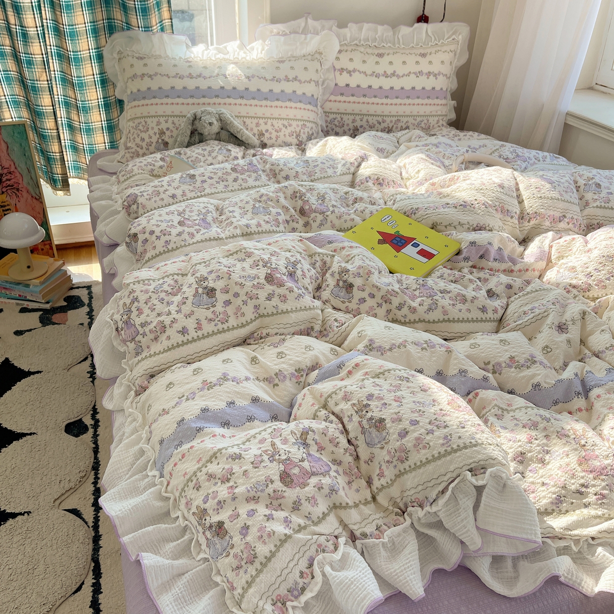 繁花家居 2026新款韩系花边小碎花泡芙棉云感邹邹纱费尔岛风四件套 萝莉小兔