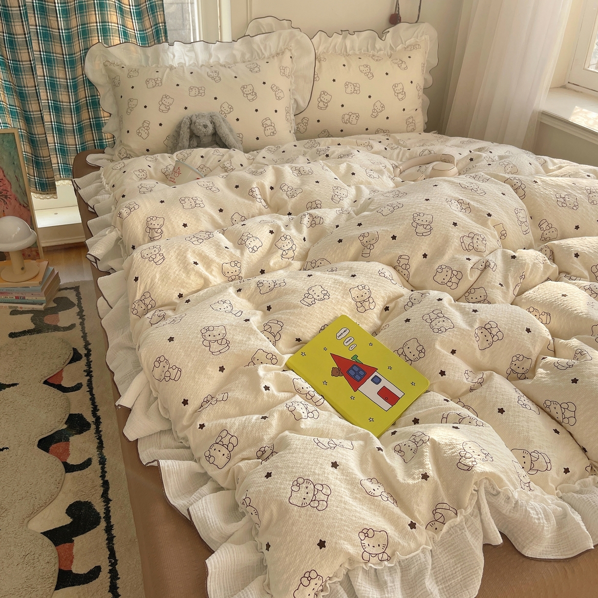 繁花家居 2026新款韩系花边小碎花泡芙棉云感邹邹纱费尔岛风四件套 星星乖猫