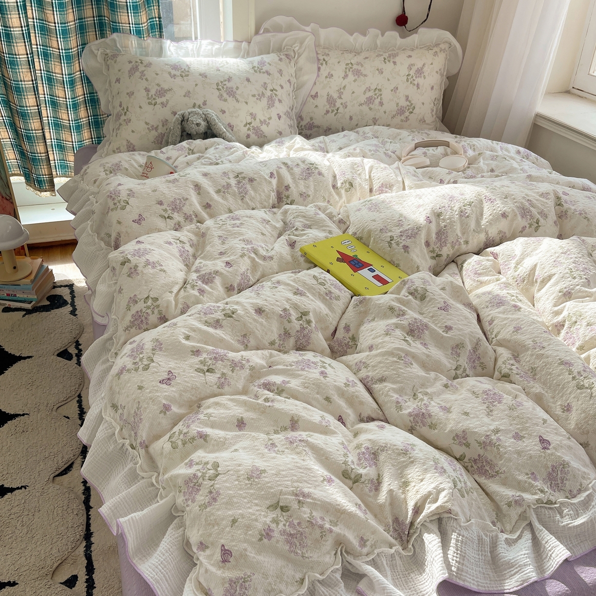 繁花家居 2026新款韩系花边小碎花泡芙棉云感邹邹纱费尔岛风四件套 紫藤蝶舞