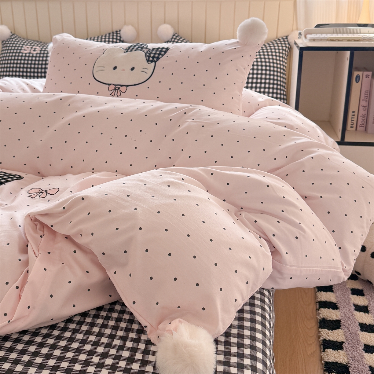 91家纺网 家纺一手货源 找家纺 （总）吾欢心 2026春夏新款古法水洗仿棉卡通贴布绣四件套可爱猫咪