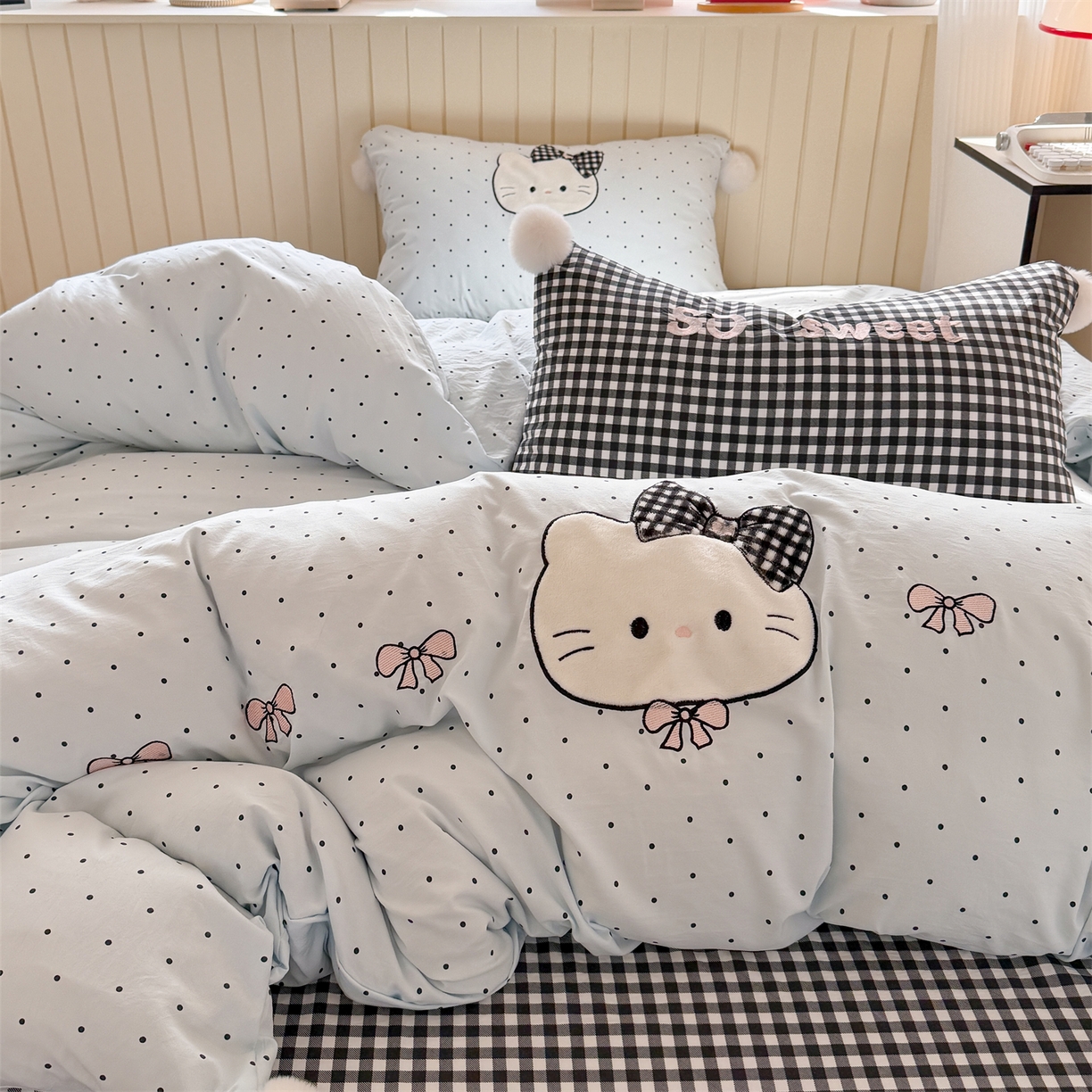 91家纺网 家纺一手货源 找家纺 （总）吾欢心 2026春夏新款古法水洗仿棉卡通贴布绣四件套可爱猫咪