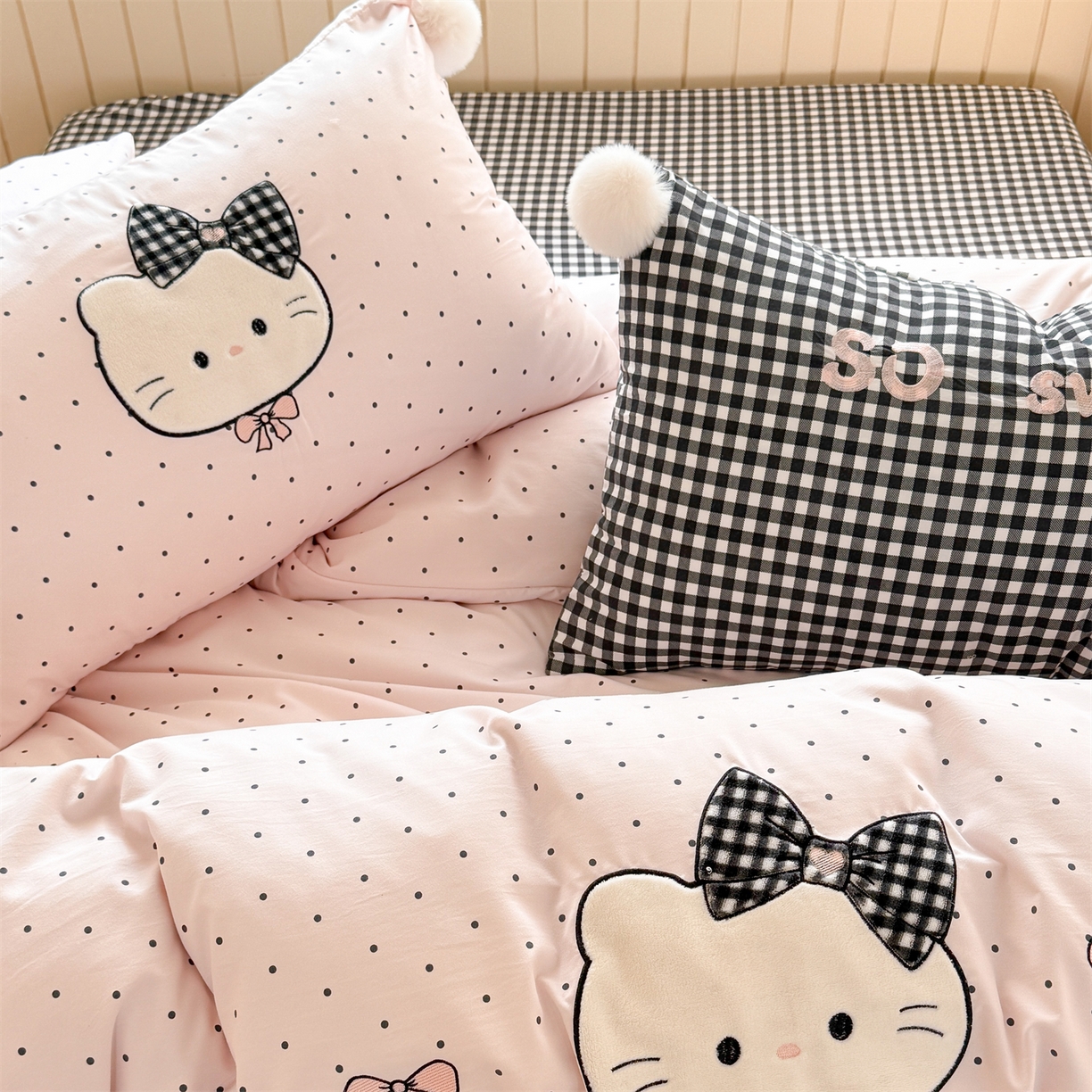 91家纺网 家纺一手货源 找家纺 （总）吾欢心 2026春夏新款古法水洗仿棉卡通贴布绣四件套可爱猫咪